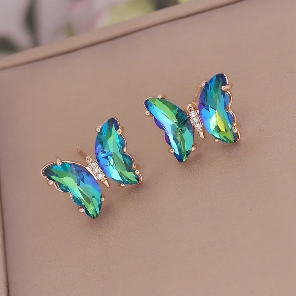Green Butterfly Rhinestone Stud Earrings
